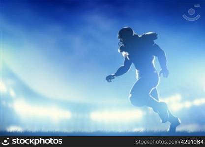 American football player in game, running. Night stadium lights