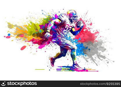 american football player man with multicolored paint splash, isolated on white background. Neural network AI generated art. american football player man with multicolored paint splash, isolated on white background. Neural network generated art