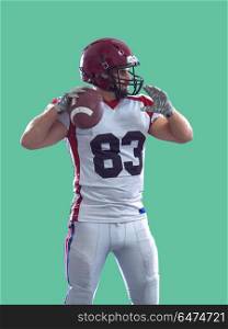 american football player throwing ball. one quarterback american football player throwing ball isolated on colorful background