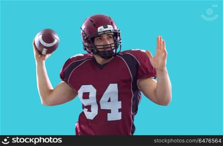 american football player throwing ball. one quarterback american football player throwing ball isolated on colorful background