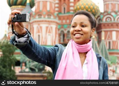 American girl is photographed in the center of Moscow (Russia) &#xA;