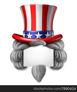 American hat sign with copy space as a stars and stripes with hair symbol on a white background as a concept for pride and patriotism in America and celebration of independence day and the fourth of july for the United States.