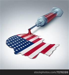American health care concept as a syringe releasing liquid shaped as a human head and flag of the United States as a government legislation and healthcare insurance plan policy as a 3D illustration.