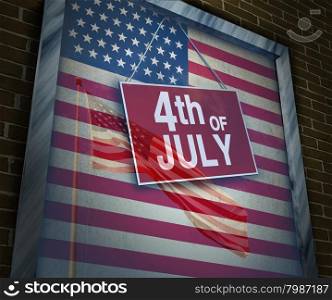American Holiday fourth of July concept as a store window sign with a reflection of a USA flag on glass as a symbol of traditional culture of independence day celebration.