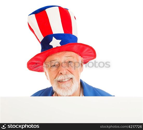 American icon Uncle Sam design element. Isolated head peering over white board.