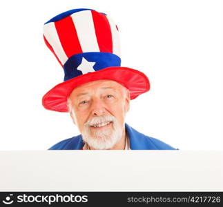 American icon Uncle Sam design element. Isolated head peering over white board.