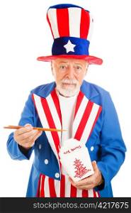 American icon Uncle Sam eating Chinese takeout food with chop sticks. Metaphor for US debt to China or poor eating habits.