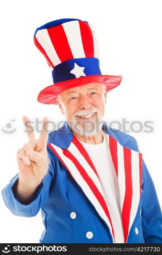 American icon Uncle Sam giving the peace sign. Isolated.