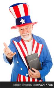 American icon Uncle Sam holding a bible and making a welcoming gesture. Isolated on white