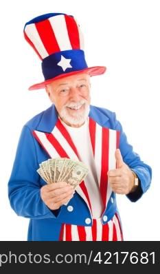 American icon Uncle Sam holding a fist full of money and giving a thumbs up sign. Isolated.