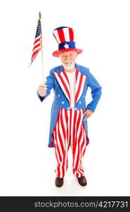 American icon Uncle Sam holding a US flag. Full body isolated.