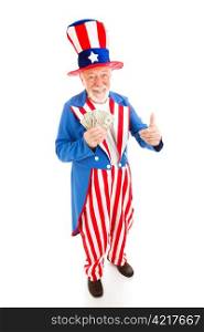 American icon Uncle Sam holding cash. Metaphor for US economic recovery. Full body isolated.