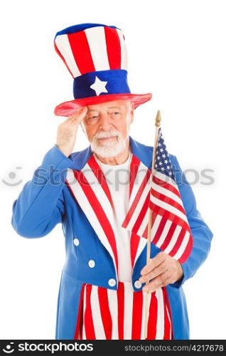 American icon Uncle Sam salutes the US flag. Isolated on white.