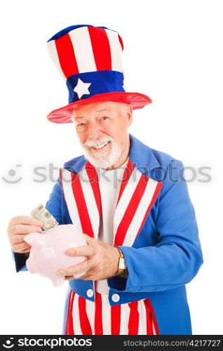 American icon Uncle Sam saving money in his piggy bank. Isolated.