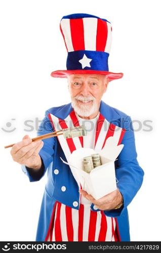 American icon Uncle Sam uses chopsticks to offer US dollars to China. Metaphor for trade imbalance. Isolated on white.