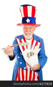 American icon Uncle Sam uses chopsticks to offer US dollars to China. Metaphor for trade imbalance. Isolated on white.