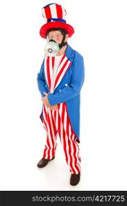 American icon Uncle Sam wearing a gas mask. Full body isolated.