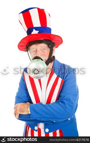 American icon Uncle Sam wearing a gas mask. Metaphor for air pollution or chemical attack.