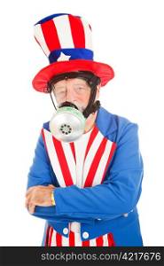 American icon Uncle Sam wearing a gas mask. Metaphor for air pollution or chemical attack.