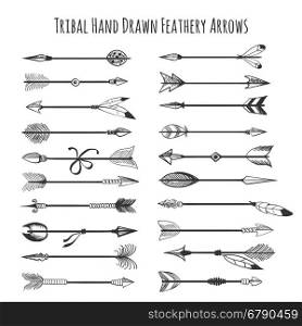 American indian arrow icons. American indian arrow icons. Tribal hand drawn feathery arrows vector illustration