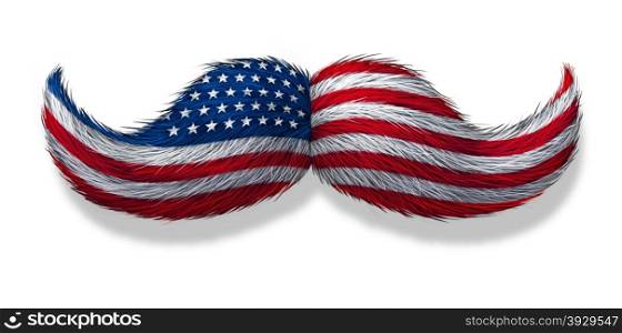 American man icon as a mustache symbol with the flag of the United States as a concept of a macho male from America or old money concept and wealth metaphor on a white background.