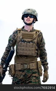 american  marine corps special operations modern warfare soldier with fire arm weapon and protective army tactical gear ready for battle