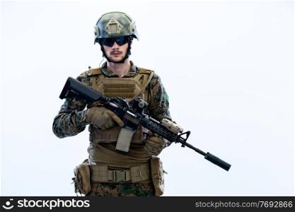 american  marine corps special operations soldier with fire arm weapon and protective army tactical gear clothes Studio shot isolated on white background