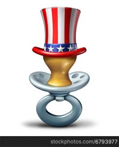 American maternity concept as a baby pacifier wearing a United States flag hat as a pregnancy and early child care icon or adoption in America as a 3D illustration on a White Background.