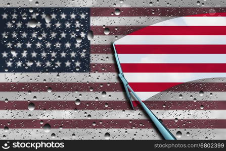American optimism and positive economic sentiment in the United States of America as a national government hope metaphor as a wiper clearing the gray dark wet clouds with 3D illustration elements.