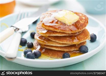 american pancakes with syrup and blueberry