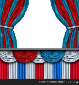 American politics blank stage or presidential inauguration and inaugural president ceremony or election concept for patriotic celebration or campaigning for voters as a 3D illustration.