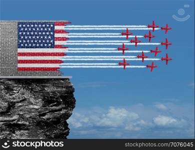American renewal and US economic revival concept as a broken brick wall with jet airplanes completing the USA flag with air show aerobatics smoke trails as an economic confidence for future economy and financial success with 3D illustration elements.