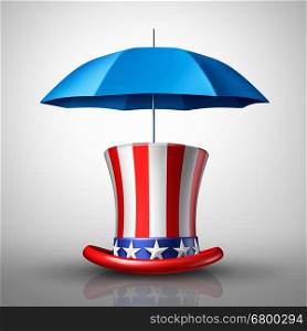 American security concept or United States protection symbol as a hat with a flag and and umbrella as a metaphor for national defense or social safety net icon as a 3D illustration.