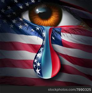 American social crisis and grief or violence in the United States concept as a human eye with a US flag crying a tear of sorrow with the stars and stripes in the liquid drop as a metaphor for community suffering and a symbol for hope.