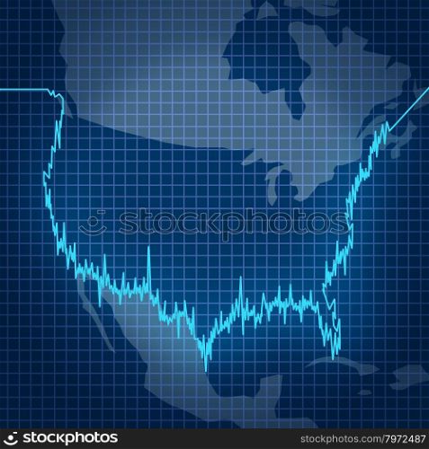 American stock market with a finance investment diagram chart in the shape of the geography of the United States as a symbol of fluctuating value of investment stocks and business statistics of the economy.
