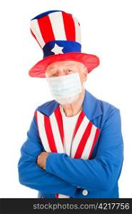 American symbol Uncle Sam wearing a face mask to protect against a health epidemic.