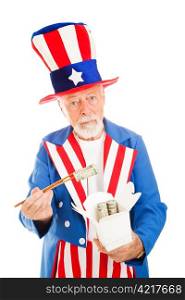American Uncle Sam looks worried as he eats rolls of cash from a Chinese takeout box. Metaphor for US debt to China.