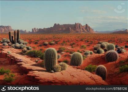 American werstern desert landscape, no people, green cactuses plants. American werstern desert landscape
