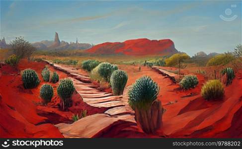 American werstern desert landscape, no people, green cactuses plants. American werstern desert landscape