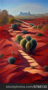 American werstern desert landscape with red stones, no people, green cactuses. American werstern desert landscape
