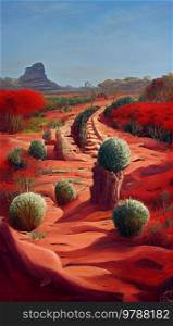 American werstern desert landscape with red stones, no people, green cactuses. American werstern desert landscape