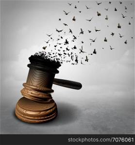 Amnesty concept and law decline or symbol for a legal pardon as a judge gavel or mallet being transformed into free flying birds as a justice metaphor for clemency or injustice and liberty as a 3D illiustration.