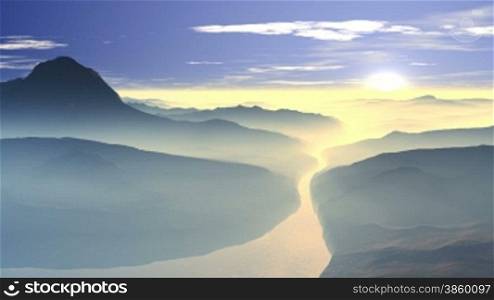 Among low hills and mountains calm river flows. Above the horizon can be seen rising sun. Foggy. In the clear blue sky scattered clouds slowly float.