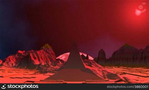Among mountains on the plain of a fantastic planet there is a pyramid. Behind it over the horizon the pink planet (moon) is seen. The bright red being shone sphere (UFO) flies on the night sky covered with stars.