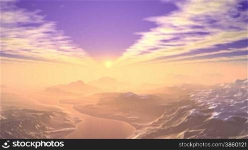 Among the high mountains the river flows. Above the horizon pink thick fog. In the blue sky cloud bands. The sun slowly rises out of the mist and floods the whole landscape with brilliant light. The camera zooms in to the sun.