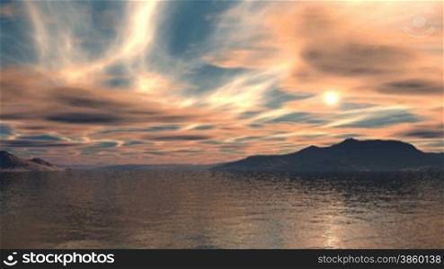 Among the water is a small hilly island. On the night sky quickly floating clouds. Through them you can see the bright sun setting. Clouds and the whole landscape painted in red colors of the sunset. On the surface of calm water reflection and glare.