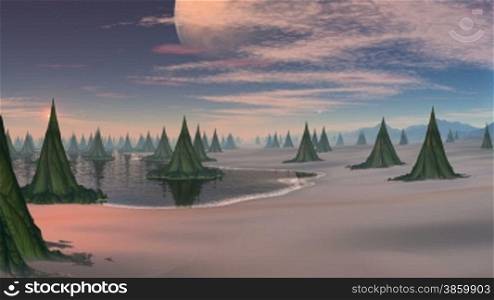 Among water and on a land there are strange peaked structures or alien plants. On the horizon low mountains covered with a fog. The sky is covered with stars and clouds. Over the horizon the bright star (UFO) rises. The huge planet hangs in the sky.