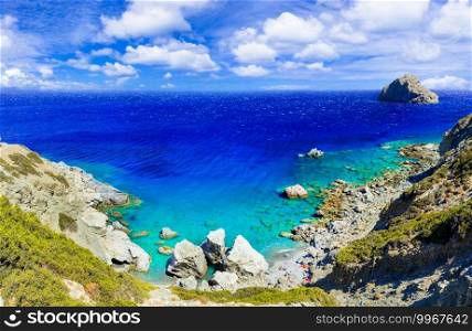 Amorgos island scenery. Agia Anna  small beach. Cyclades, Greece