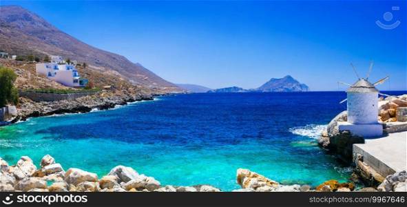 Amorgos island scenery. sea view with old windmill. Cyclades, Greece