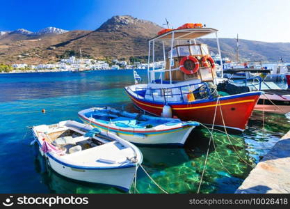 Amorgos island scenery. sea view with typical fishing boats. Cyclades, Greece